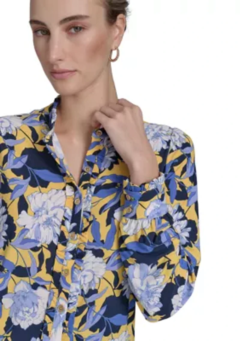 Women's Long Sleeve Floral Button Front Top