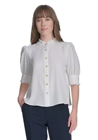 Women's Solid Button Front Puff Sleeve Blouse