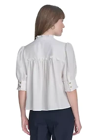 Women's Solid Button Front Puff Sleeve Blouse