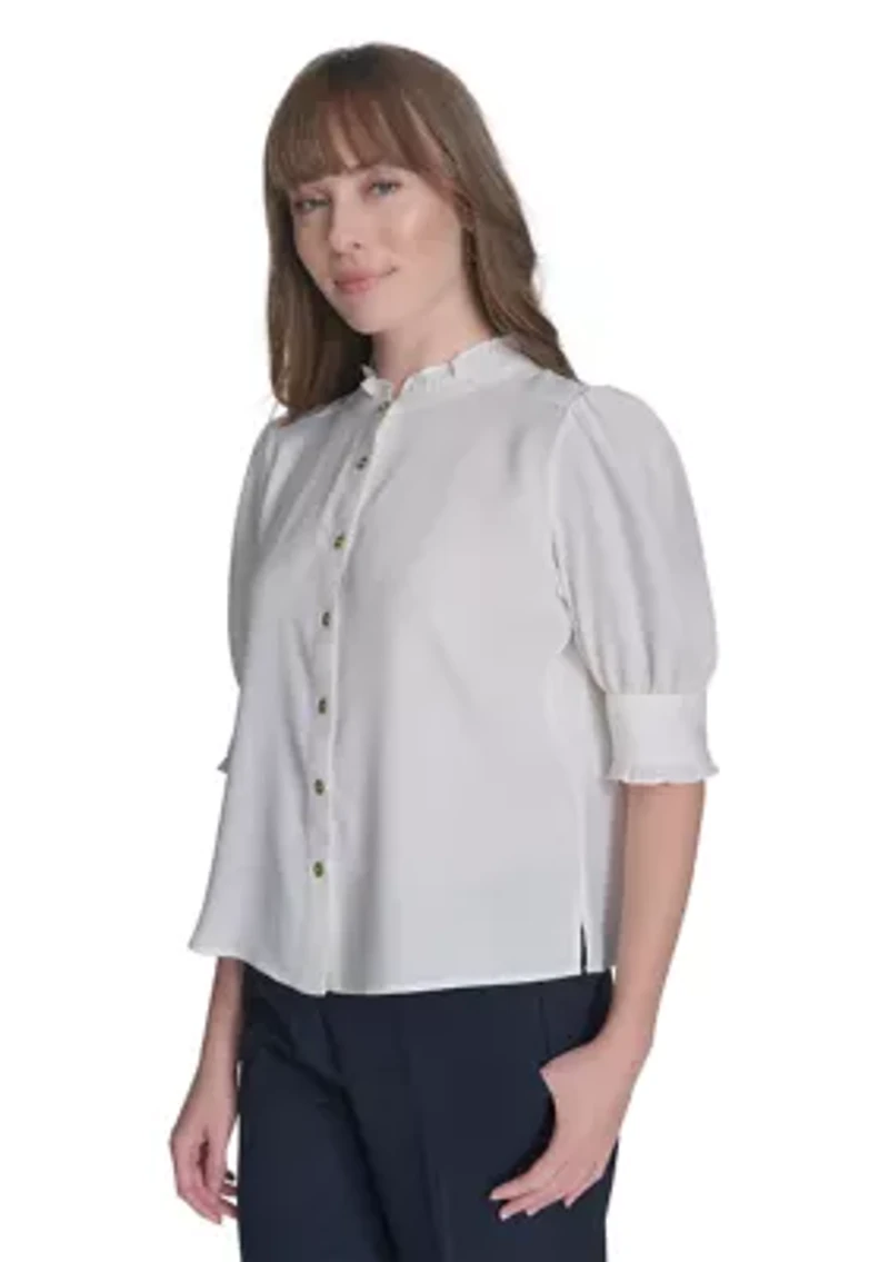 Women's Solid Button Front Puff Sleeve Blouse
