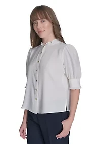 Women's Solid Button Front Puff Sleeve Blouse