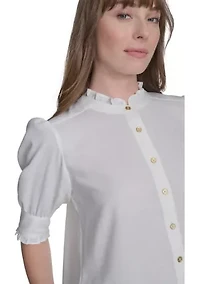 Women's Solid Button Front Puff Sleeve Blouse