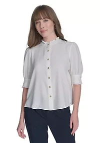 Women's Solid Button Front Puff Sleeve Blouse