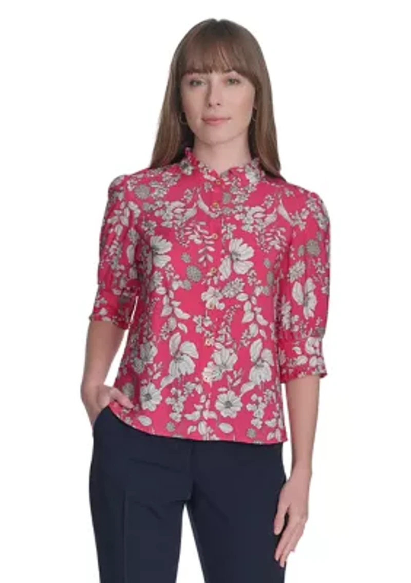 Women's Floral Button Front Puff Sleeve Blouse