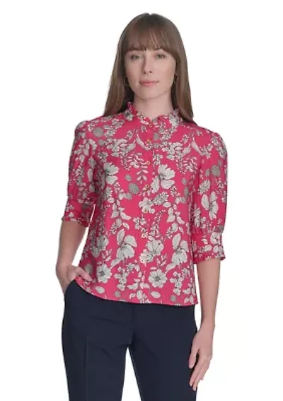 Women's Floral Button Front Puff Sleeve Blouse