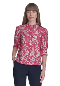 Women's Floral Button Front Puff Sleeve Blouse
