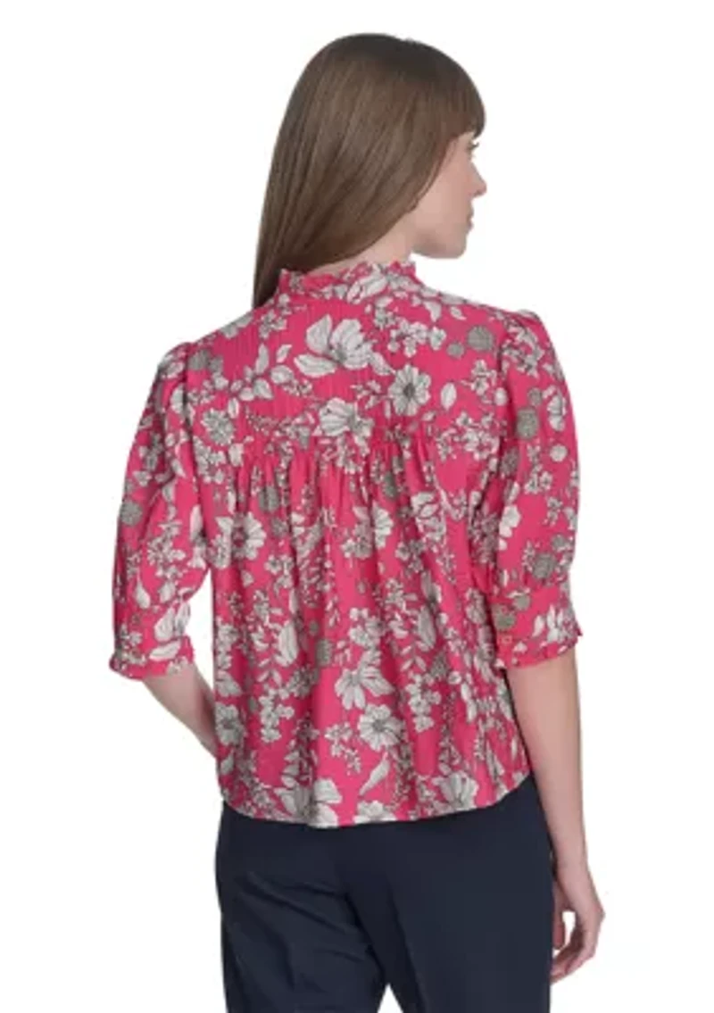 Women's Floral Button Front Puff Sleeve Blouse