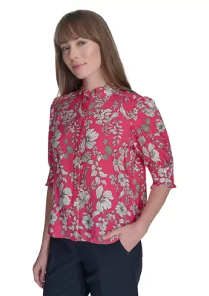 Women's Floral Button Front Puff Sleeve Blouse