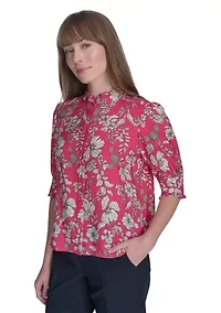 Women's Floral Button Front Puff Sleeve Blouse