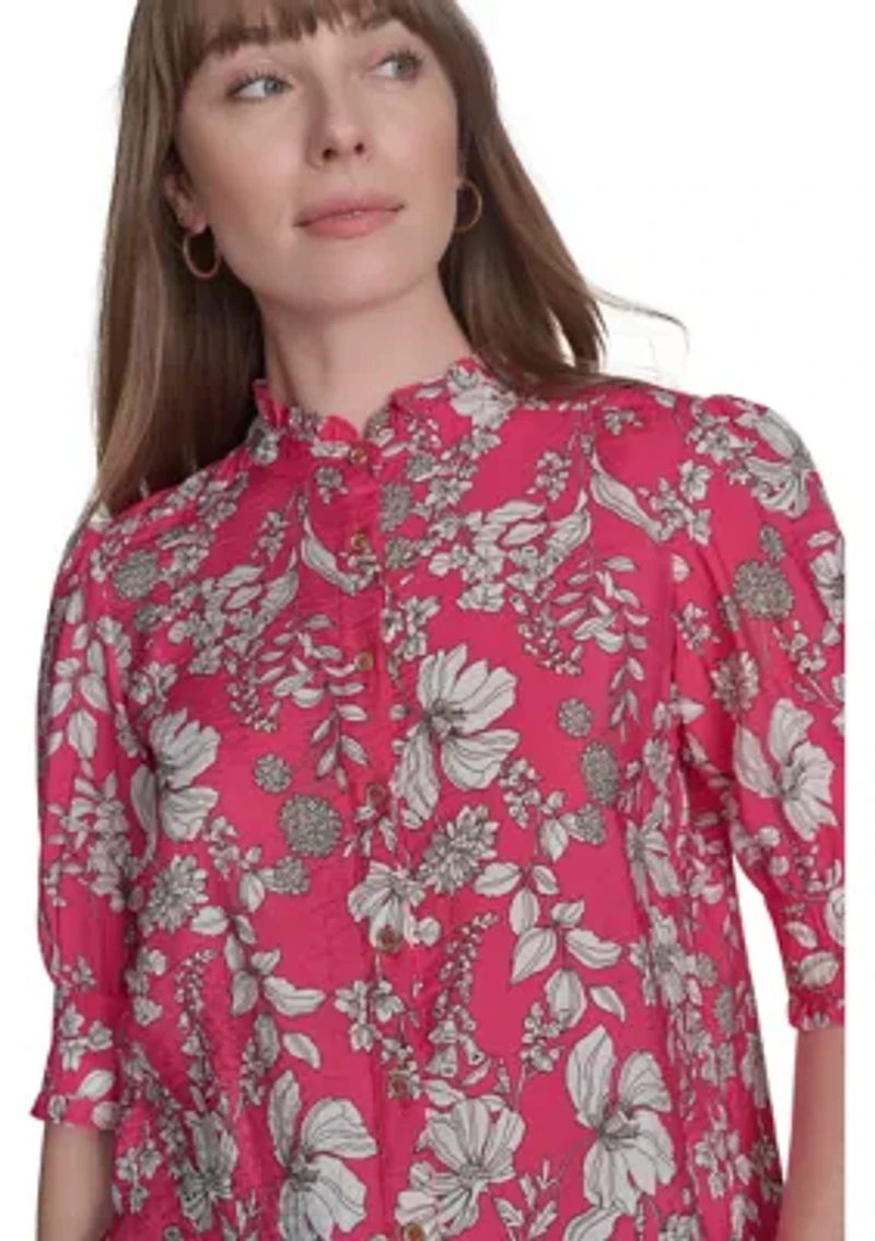 Women's Floral Button Front Puff Sleeve Blouse