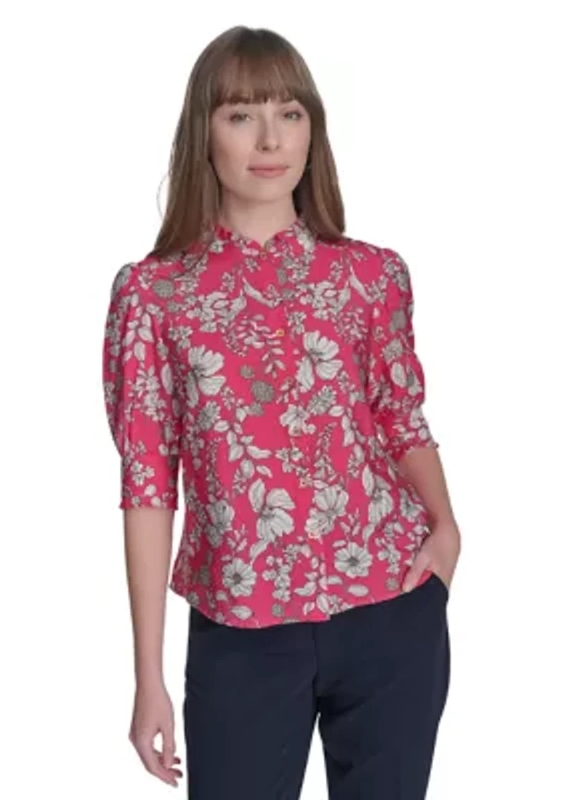 Women's Floral Button Front Puff Sleeve Blouse