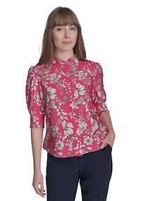 Women's Floral Button Front Puff Sleeve Blouse