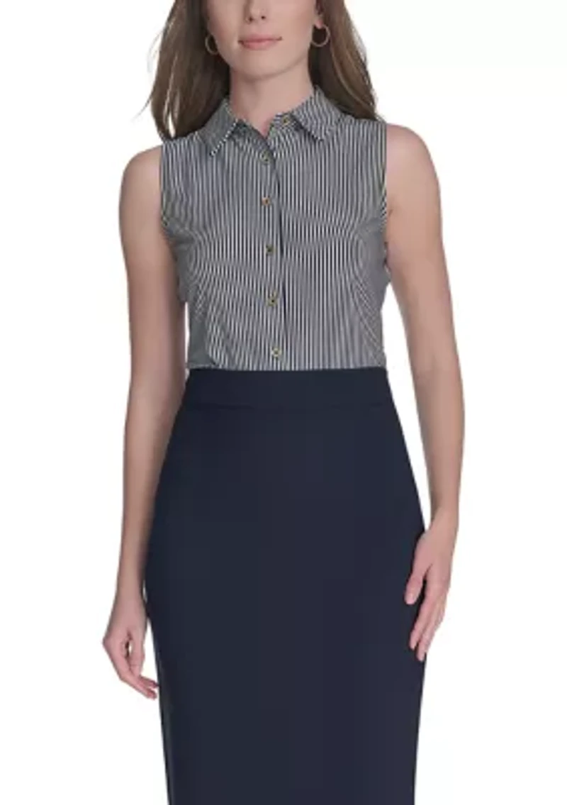 Women's Sleeveless Stripe Knit Button Front Top
