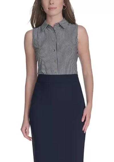 Women's Sleeveless Stripe Knit Button Front Top