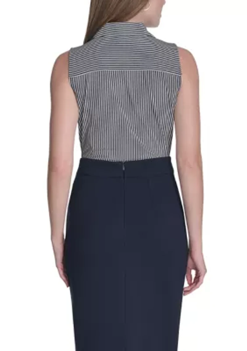 Women's Sleeveless Stripe Knit Button Front Top