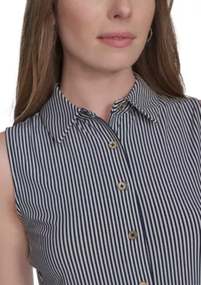 Women's Sleeveless Stripe Knit Button Front Top