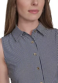 Women's Sleeveless Stripe Knit Button Front Top