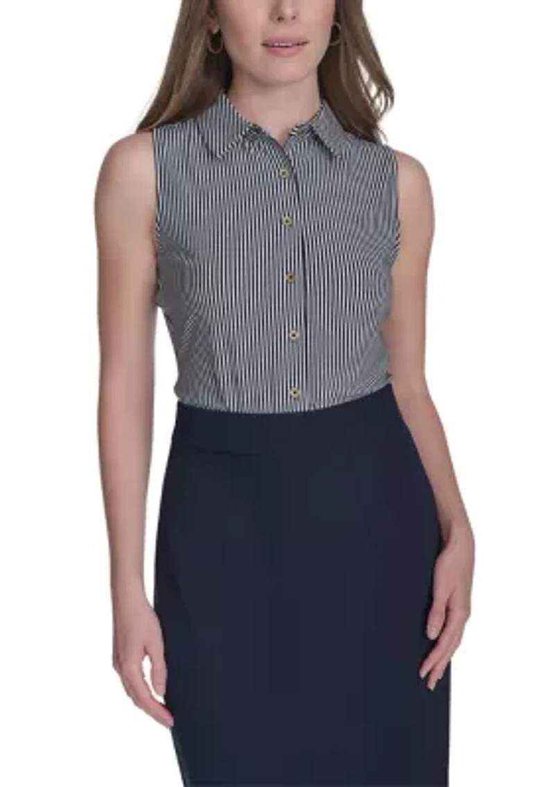 Women's Sleeveless Stripe Knit Button Front Top