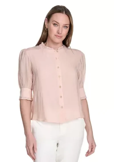 Women's Lurex Stripe Ruffle Button Front Top