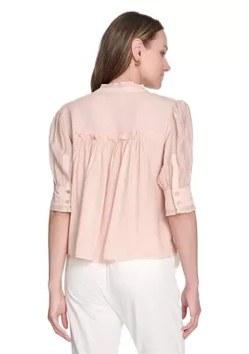 Women's Lurex Stripe Ruffle Button Front Top