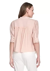 Women's Lurex Stripe Ruffle Button Front Top