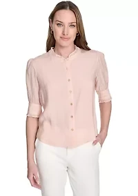 Women's Lurex Stripe Ruffle Button Front Top