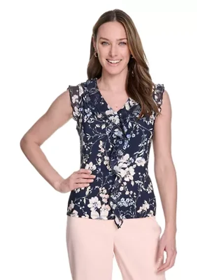 Women's Floral Mixed Media Ruffle Top