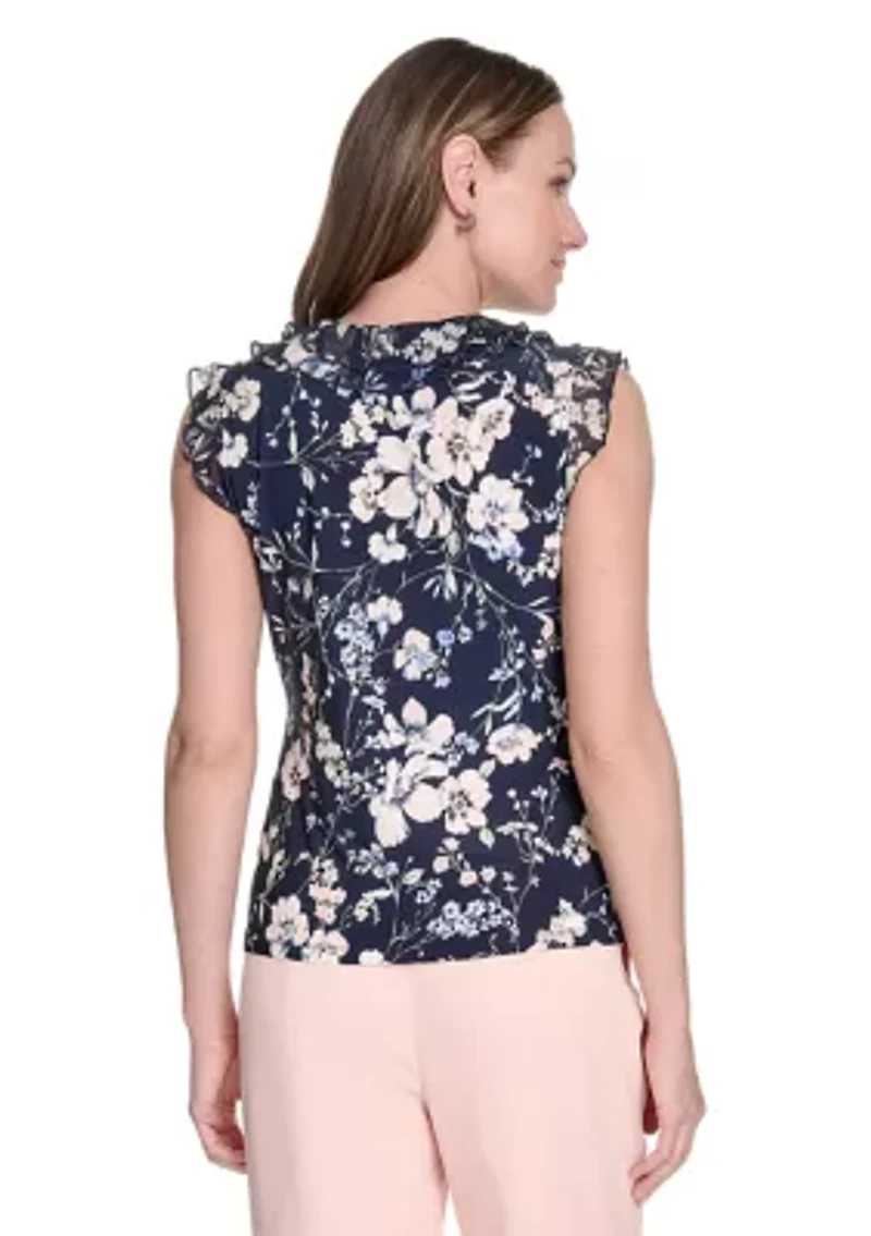 Women's Floral Mixed Media Ruffle Top