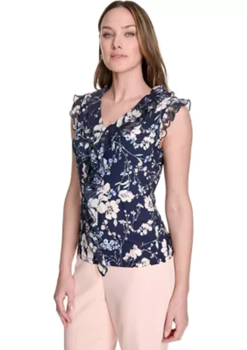 Women's Floral Mixed Media Ruffle Top