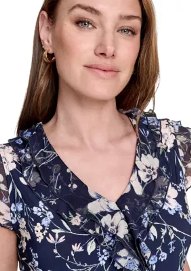 Women's Floral Mixed Media Ruffle Top