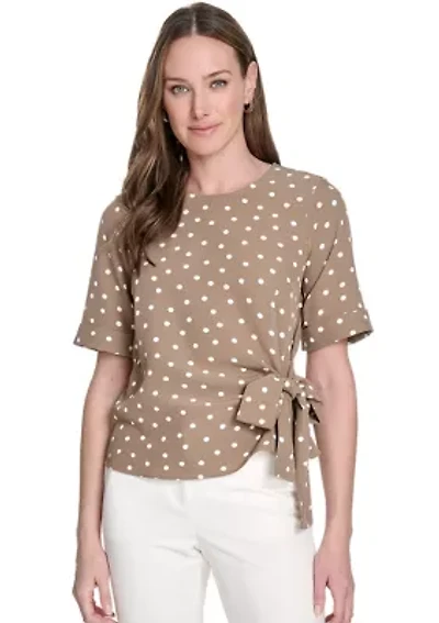 Women's Dot Short Sleeve Tie Front Blouse