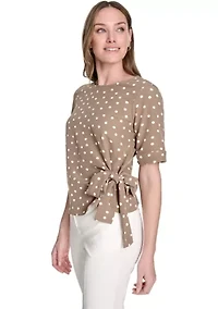 Women's Dot Short Sleeve Tie Front Blouse