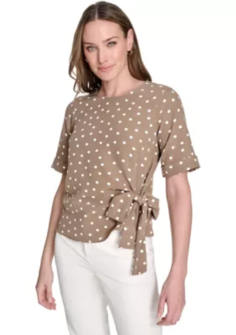 Women's Dot Short Sleeve Tie Front Blouse