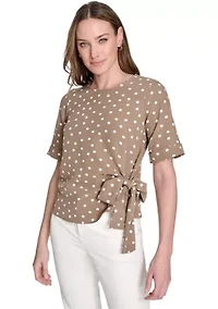Women's Dot Short Sleeve Tie Front Blouse