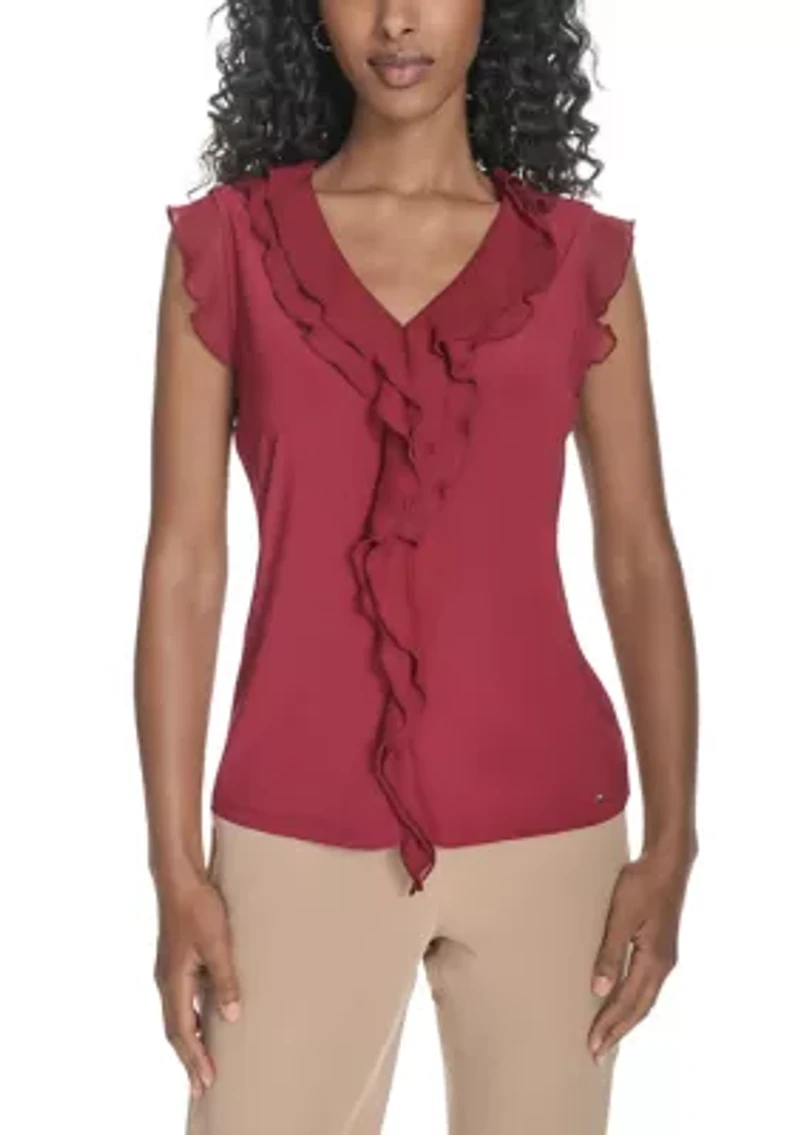 Women's Solid Mixed Media Ruffle Top