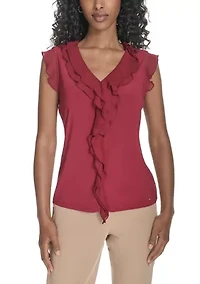 Women's Solid Mixed Media Ruffle Top