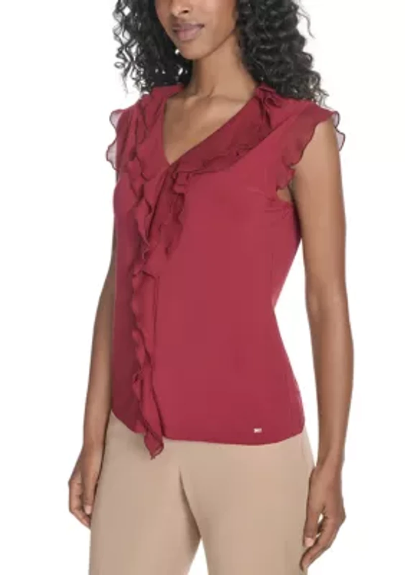 Women's Solid Mixed Media Ruffle Top
