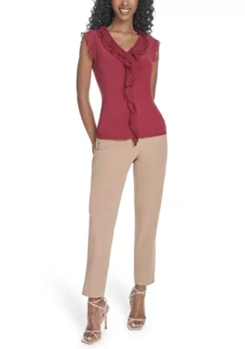 Women's Solid Mixed Media Ruffle Top