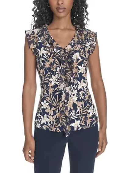 Women's Floral Mixed Media Ruffle Top