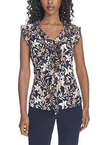 Women's Floral Mixed Media Ruffle Top