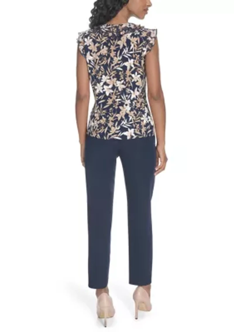 Women's Floral Mixed Media Ruffle Top