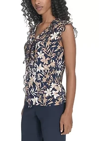 Women's Floral Mixed Media Ruffle Top
