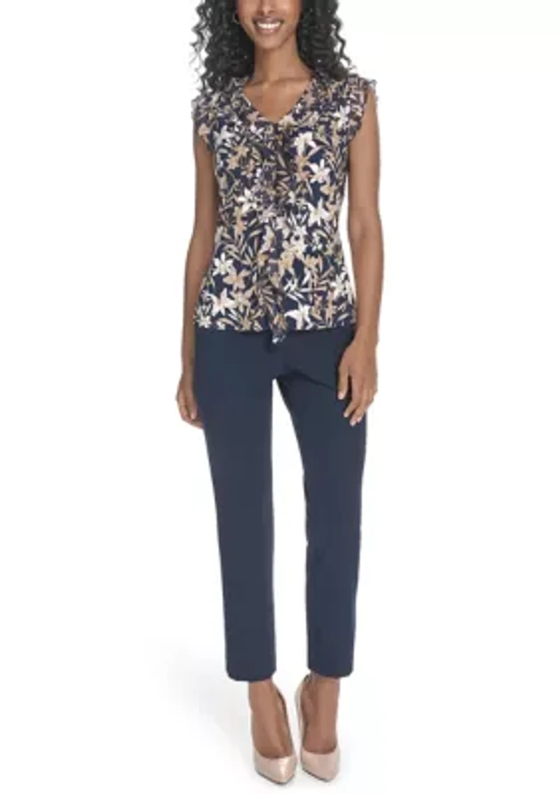 Women's Floral Mixed Media Ruffle Top
