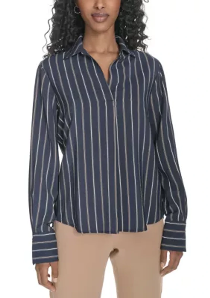 Women's Long Sleeve Striped Popover Top