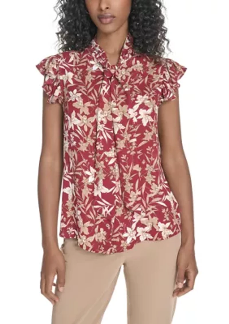Women's Floral Ruffle Sleeve Bow Blouse