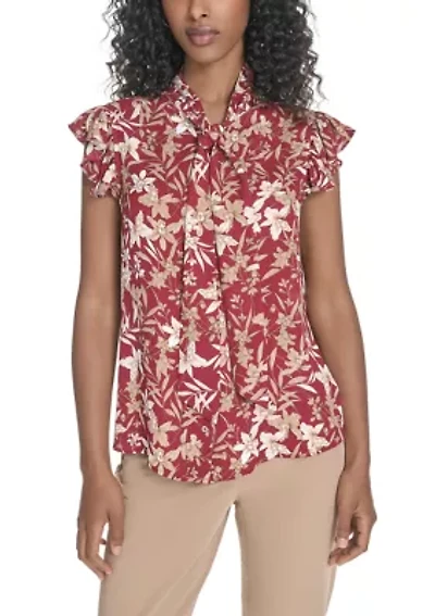Women's Floral Ruffle Sleeve Bow Blouse