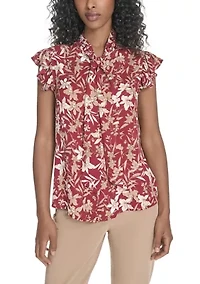 Women's Floral Ruffle Sleeve Bow Blouse