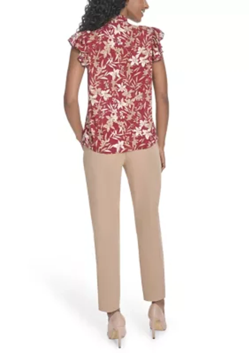 Women's Floral Ruffle Sleeve Bow Blouse