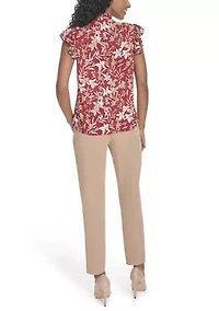 Women's Floral Ruffle Sleeve Bow Blouse