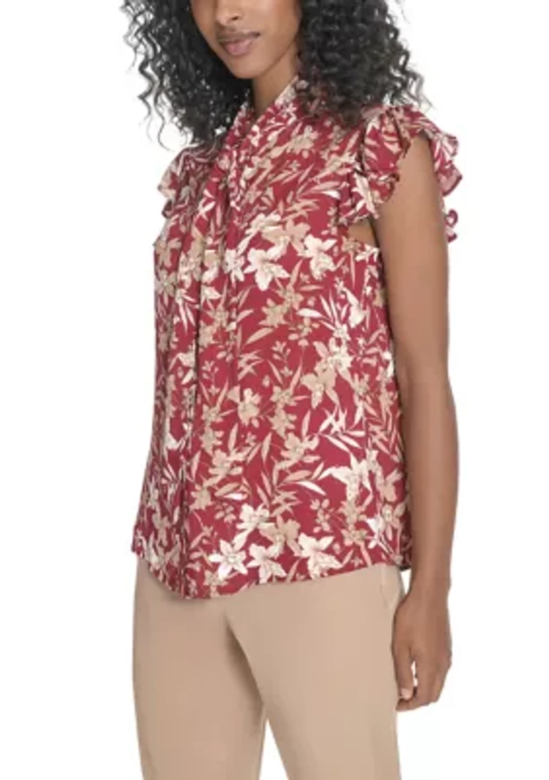 Women's Floral Ruffle Sleeve Bow Blouse